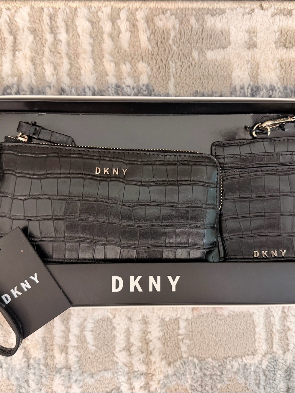 DKNY Black Croc-Embossed Leather Wristlet and Card Holder Set